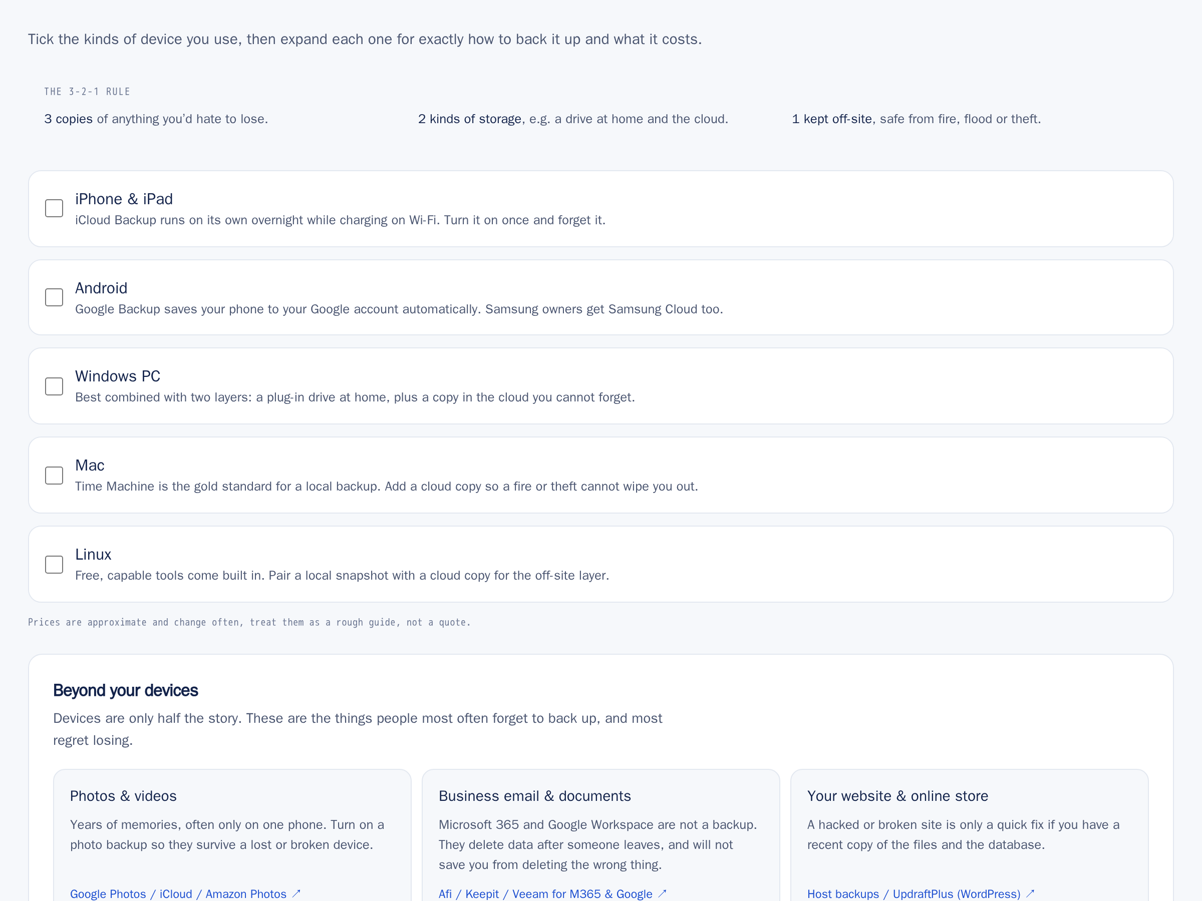 Devices, backups & passwords in the app